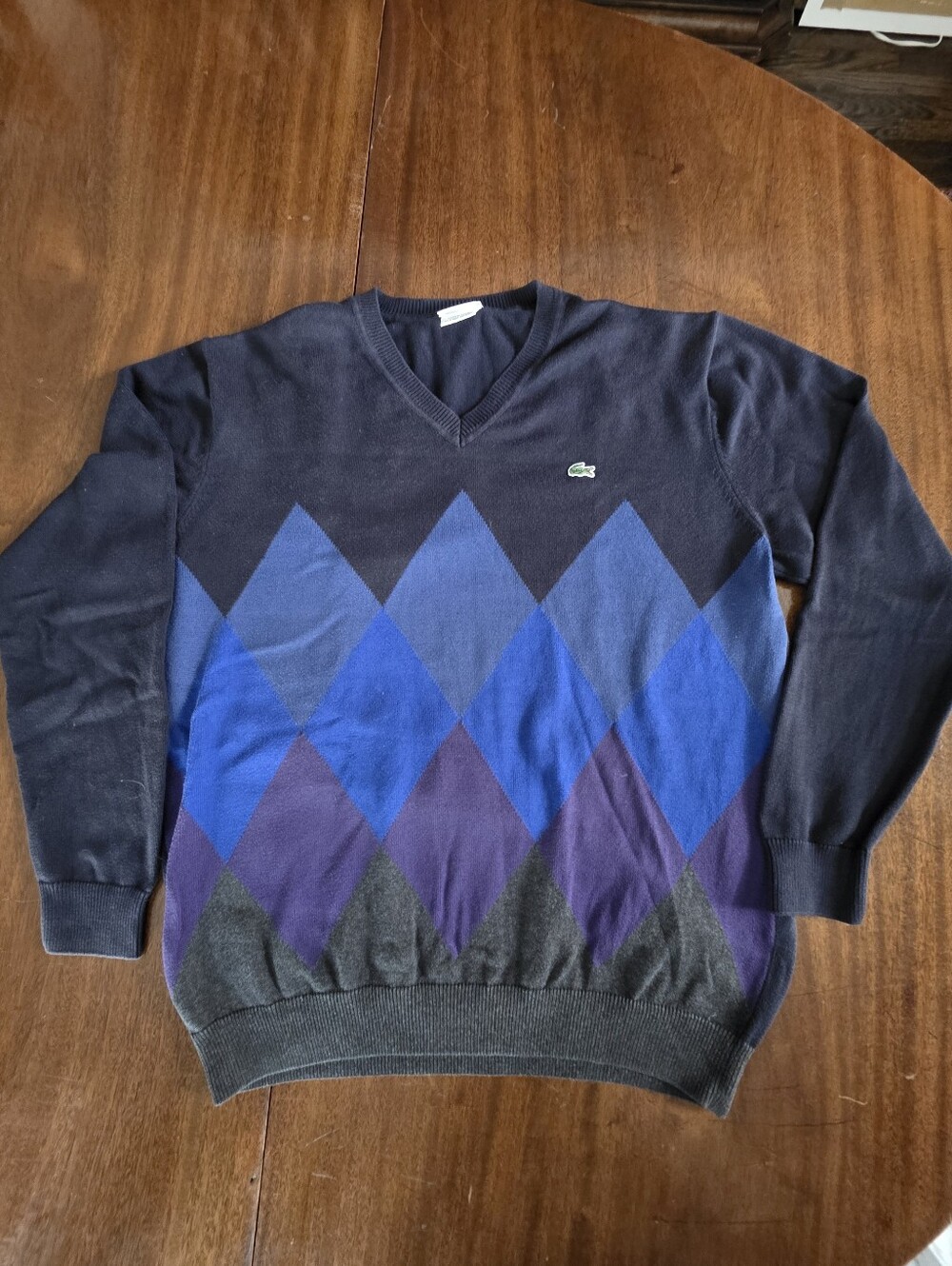 Lacoste Argyle V-Neck Wool/Cotton Blend Sweater Navy Blue Size 6 (US L/XL)